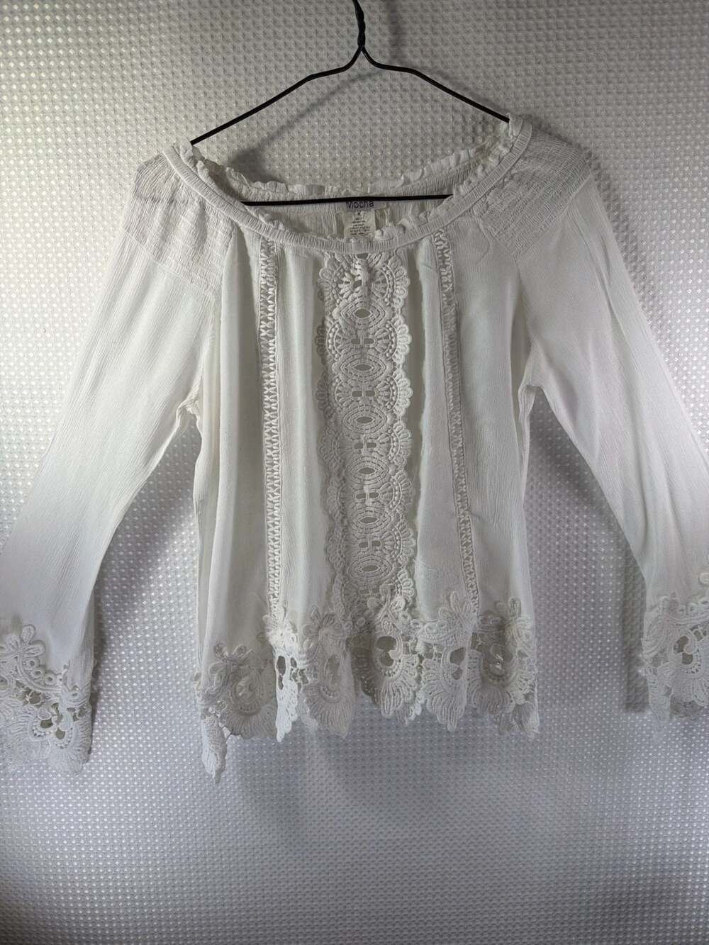 Mocha Long Sleeve Off-Shoulder Blouse with Crochet Lace Trim and Bell Sleeves